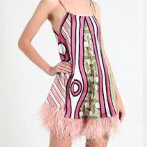 Pink Patterned Feather-Hem Slip Dress